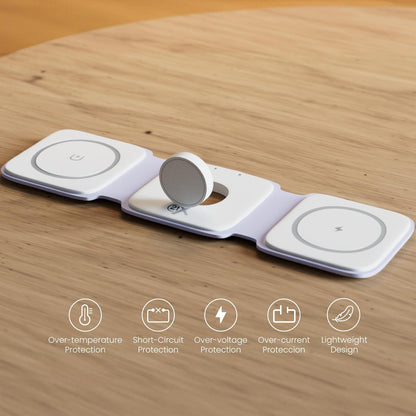 3-in-1 Foldable Magnetic Wireless Fast Charger – Travel Charging Pad for iPhone 12-16 Series, Samsung Galaxy Series, Huawei, Apple Watch, AirPods, and Other Qi-Compatible Devices