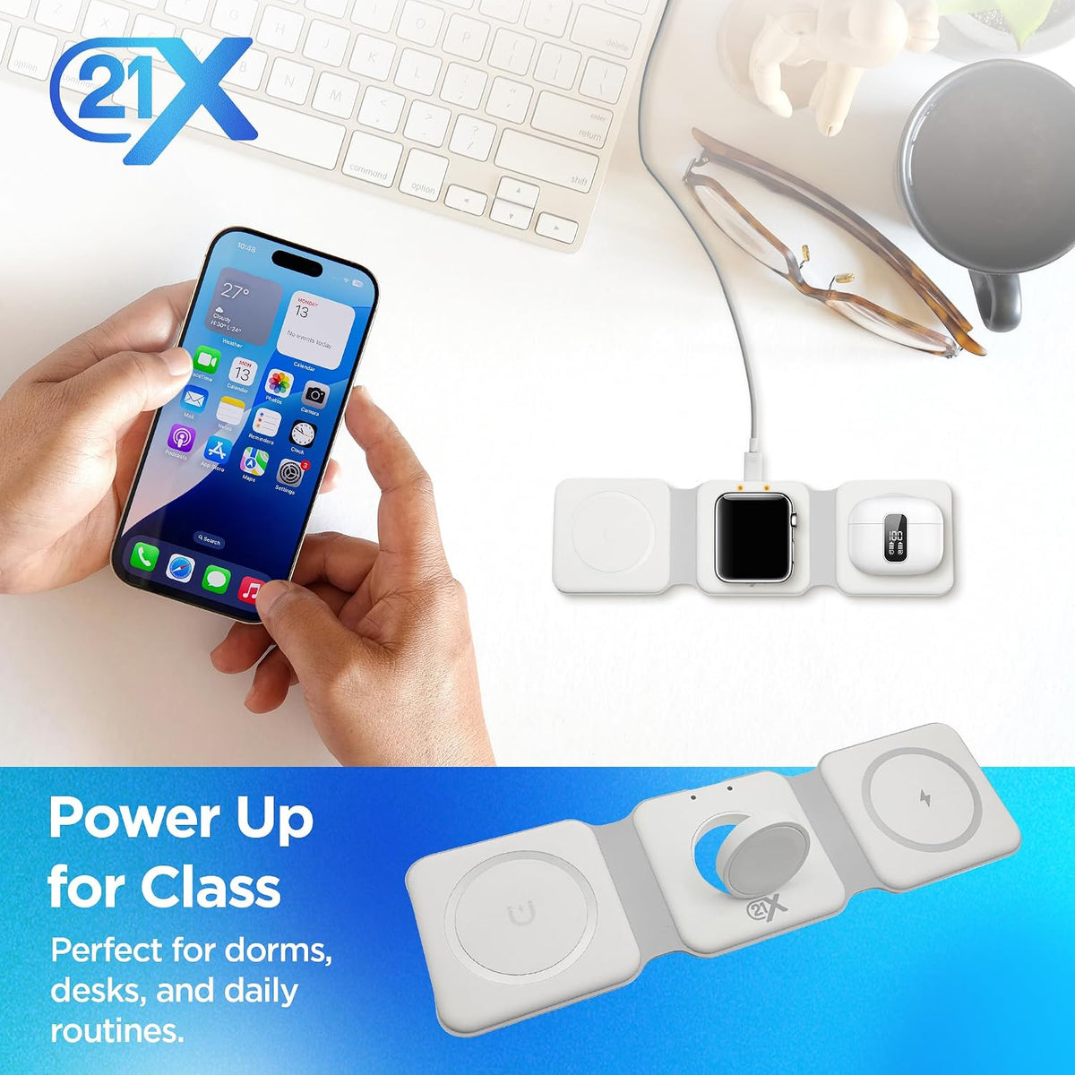 3-in-1 Foldable Magnetic Wireless Fast Charger – Travel Charging Pad for iPhone 12-16 Series, Samsung Galaxy Series, Huawei, Apple Watch, AirPods, and Other Qi-Compatible Devices